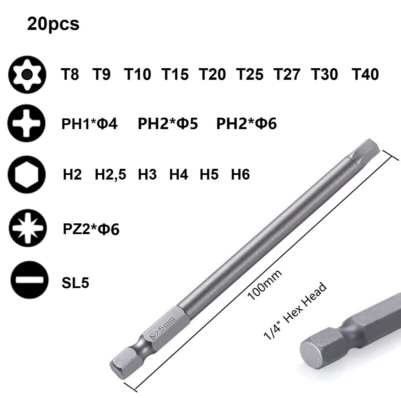 YUHIAKE Bit seti, uzun, manyetik uç seti, 20 parça, 100 mm, Torx
